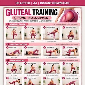 Op de afbeelding: Een digitale trainingskaart getiteld GLUTEAL TRAINING AT HOME - NO EQUIPMENT, met zestien genummerde oefenillustraties met instructies voor warming-up, bilspieractivering en hoofdtraining, beschikbaar in US Letter en A4-formaat.
