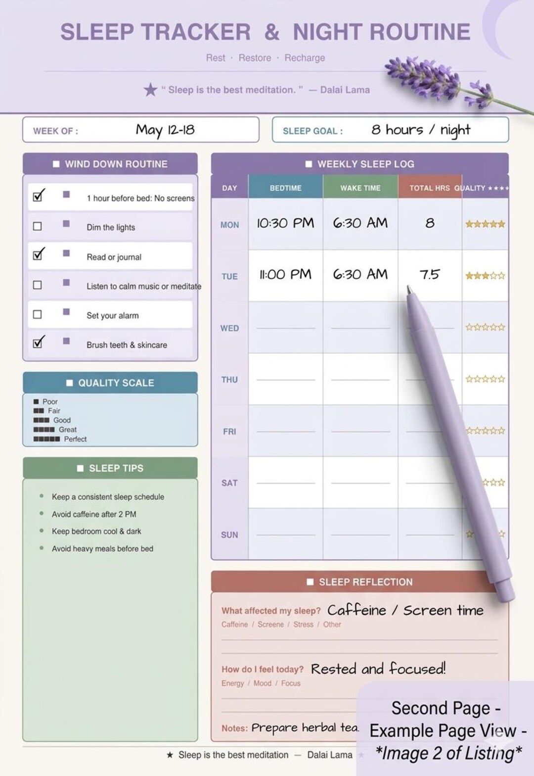 Printable Sleep Tracker, Aesthetic Night Routine PDF, Weekly Sleep Log ...