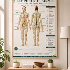May include: A vertical educational poster titled The Complete Map of Lymphatic Drainage of the Human Body, featuring front and back anatomical illustrations with green lymphatic pathways, labeled node groups, and text explaining flow direction.
