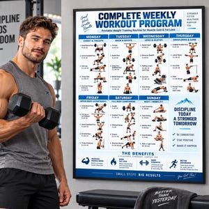 Peut inclure: Une affiche murale rectangulaire intitulée Complete Weekly Workout Program présentant une grille détaillée d'exercices quotidiens avec des illustrations, des instructions textuelles et des séries pour le gain musculaire et la perte de graisse.