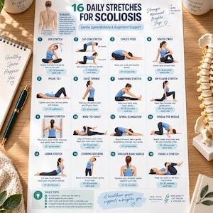 Peut inclure: Une affiche pédagogique blanche intitulée 16 Daily Stretches for Scoliosis présentant seize illustrations numérotées d'une personne en tenue de sport bleue effectuant divers étirements, avec des textes descriptifs et des durées pour chaque mouvement.