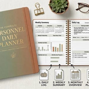 Peut inclure: Un agenda à spirales avec le texte "THE COMPLETE PERSONNEL DAILY PLANNER" en lettres dorées. L'agenda ouvert affiche des résumés hebdomadaires et des journaux quotidiens. L'image comprend un stylo, des trombones, une plante succulente et des lunettes.