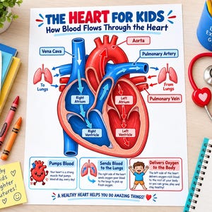 May include: An educational poster titled The Heart for Kids, How Blood Flows Through the Heart, featuring a colorful anatomical diagram of a human heart with labeled parts like Aorta, Vena Cava, and ventricles, plus explanatory text boxes.