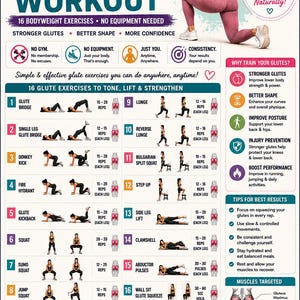 Peut inclure: Une infographie intitulée Glute Sculpt Workout présentant 16 exercices au poids du corps. Elle inclut des illustrations de mouvements comme les ponts fessiers, fentes et squats, ainsi qu'un programme hebdomadaire et des conseils d'entraînement.