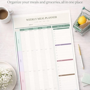 May include: A weekly meal planner and grocery list with the text "WEEKLY MEAL PLANNER & GROCERY LIST". The planner has sections for each day of the week and a grocery list. A cup of coffee, a pen, and a miniature shopping cart with a lemon are also visible.