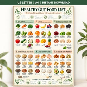 May include: A digital chart titled Healthy Gut Food List featuring illustrations of 60 foods categorized into vegetables, fruits, legumes, grains, seeds, and protein-rich foods. Each item includes a name, portion size in ounces or grams, and icons.