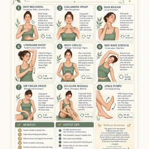 Puede incluir: Un póster instructivo titulado Fascia & Lymphatic Flow Reset que presenta nueve ilustraciones numeradas de técnicas de automasaje. La guía incluye instrucciones de texto para respiración profunda, barridos de clavícula y estiramientos.