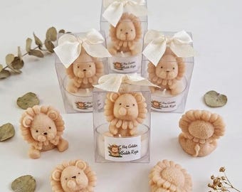 Candela a forma di leone della savana, bomboniera per baby shower, regalo a tema giungla, souvenir personalizzato, etichetta personalizzata