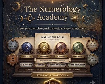 Beginner Numerology Course & FREE Chart Calculator | 16 Lessons Workbook, Life Path , Expression Guide