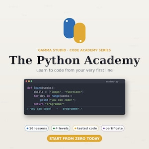 Python Academy — Leer Python | Complete Python-cursus voor beginners | Leer Python-programmeren | PDF-werkboek + oefeningen + spiekbriefjes