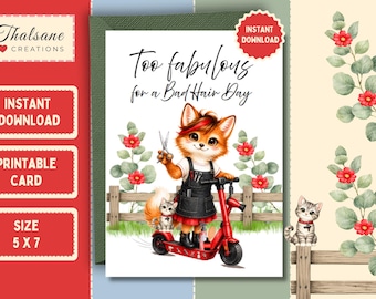 Fox on a Scooter Hairdresser Card, Funny Animal Hairstylist, Whimsical Watercolor, Printable Instant Download