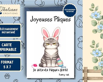 Carte drôle de chat de Pâques (français), oreilles de lapin grincheux, Joyeuses Pâques, imprimable, téléchargement immédiat