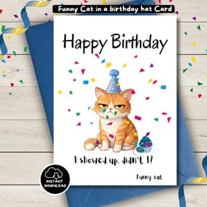May include: A birthday card featuring a grumpy orange tabby cat wearing a blue party hat. The card reads "Happy Birthday" with confetti and the text "I showed up, didn't I?" and "Funny cat."