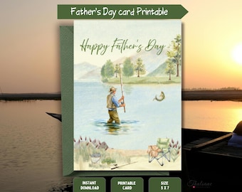 Fisherman Father's Day Card, Watercolor Printable Fishing, Instant Download, 5x7,Print at Home