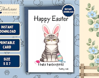 Carte de Pâques imprimable drôle de chat, conception d'oreilles de lapin grincheux Kitty, humour sarcastique, téléchargement immédiat