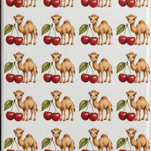 Könnte beinhalten: Eine rechteckige Tablethülle mit einem sich wiederholenden Muster aus hellbraunen Kamelen, die neben Paaren leuchtend roter Kirschen mit grünen Blättern auf weißem Grund stehen. Das Design ist in einem Raster aus fünf Reihen und vier Spalten angeordnet.