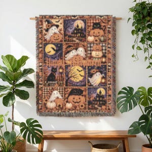 Manta tejida de retazos vintage de Halloween, linda manta de algodón con calabaza fantasma espeluznante, decoración otoñal para el hogar con estética caprichosa, regalo gótico acogedor