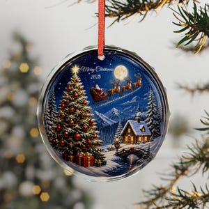 Custom Merry Christmas Flat Glass Ornament, Personalized 2026 Winter Landscape Bauble with Reindeer Sleigh and Cabin, Holiday Keepsake