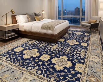 Handmade Oushak Rug, Navy Blue and Gold Oriental Area Rug, Traditional Persian Style Carpet for Living Room, Large Vintage Wool Rug [8x10]