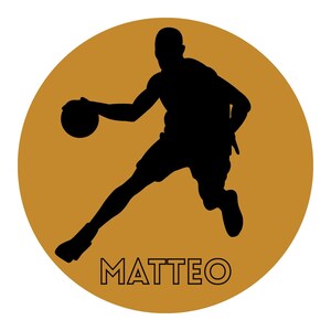 May include: A circular graphic featuring a solid black silhouette of a basketball player dribbling a ball against a solid gold background. The name MATTEO is printed in bold, black, sans-serif capital letters at the bottom of the circular design.