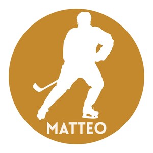 May include: A circular graphic featuring a solid gold background with a white silhouette of a hockey player in a skating stance holding a hockey stick. The name MATTEO is printed in white capital letters at the bottom of the circular design.