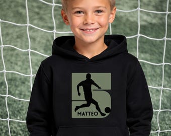 Fußball Kinder Hoodie personalisiert mit Name und Nummer, Geschenk für Jungen Geburtstag oder Weihnachten Sport Kapuzenpulli Fußballfan