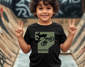 BMX T-Shirt Kinder personalisiert mit Name, Mountainbike Geschenk Junge, Fahrrad Shirt Geburtstag Weihnachten