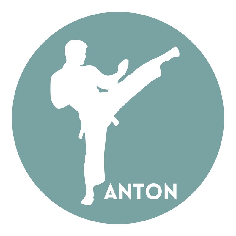 May include: A circular graphic featuring a muted teal background with a white silhouette of a person performing a high side kick while wearing a martial arts uniform. The name ANTON is printed in white capital letters at the bottom of the circle.