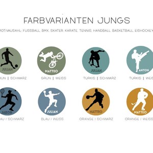 May include: A graphic display titled FARBVARIANTEN JUNGS featuring eight circular icons showing silhouettes of sports activities including football, BMX, skating, karate, tennis, handball, basketball, and ice hockey, each labelled with names and colour combinations.