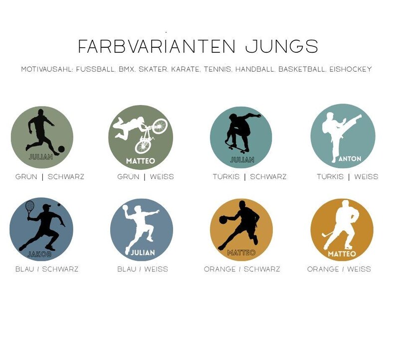May include: A graphic display titled FARBVARIANTEN JUNGS featuring eight circular icons showing silhouettes of sports activities including football, BMX, skating, karate, tennis, handball, basketball, and ice hockey, each labelled with names and colour combinations.