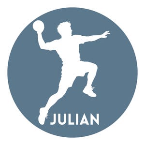 May include: A circular graphic featuring a slate blue background with a white silhouette of a person jumping while throwing a ball. The name JULIAN is printed in white capital letters at the bottom of the circular design.