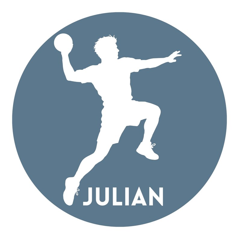 May include: A circular graphic featuring a slate blue background with a white silhouette of a person jumping while throwing a ball. The name JULIAN is printed in white capital letters at the bottom of the circular design.