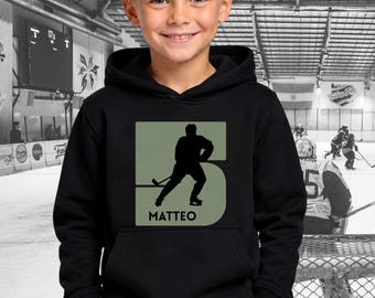 Icehockey Kinder Hoodie personalisiert mit Name und Nummer, Geschenk für Jungen Geburtstag oder Weihnachten Sport Kapuzenpulli Hockey Fan