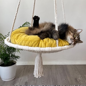 May include: A hanging macrame cat bed featuring a circular off-white woven frame suspended by four thick knotted ropes. A plush, round, mustard yellow cushion sits inside the frame, providing a soft surface for a long-haired brown tabby cat.