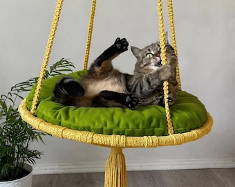 Large Cat Swing 60 cm Yellow, Macrame Cat Hammock, Hanging Bed for Big Cats, Cat Furniture