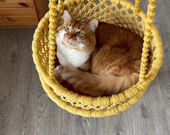 Handcrafted Macrame Cat Swing, Yellow Hanging Hammock Bed for Cats
