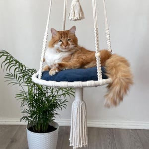 Macrame Cat Swing Bed, Wood Beam Hanging Hammock, Housewarming Gift for Cat Lovers