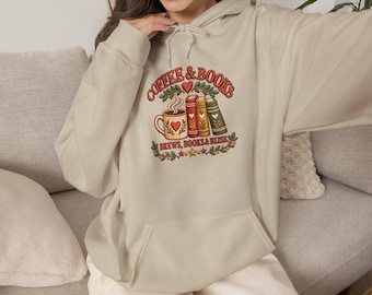 Coffee & Books illustration Hoodie | cozy reading mug stack, floral accents