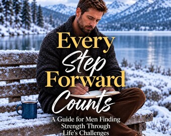 May include: A book titled Every Step Forward Counts: A Guide for Men Finding Strength Through Life's Challenges. The cover features a person in a dark textured jacket and brown pants sitting on a snow-covered bench, writing in a notebook.