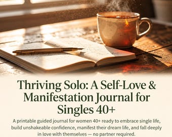 May include: An open journal with handwritten text, a gold fountain pen, and a steaming ceramic mug on a wooden surface. The text reads: Thriving Solo: A Self-Love & Manifestation Journal for Singles 40+. Includes digital download and print options.