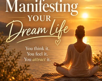 May include: A digital PDF ebook cover titled Manifesting YOUR Dream Life with the text You think it. You feel it. You attract it. The image features a person sitting in a meditative pose on a rock overlooking a sunset over water.