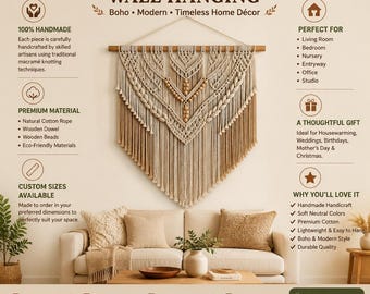 May include: A handmade macrame wall hanging featuring natural cotton rope, a wooden dowel, and wooden beads. The text on the image reads: HANDMADE MACRAME WALL HANGING, 100% HANDMADE, PREMIUM MATERIAL, CUSTOM SIZES AVAILABLE, PERFECT FOR, A THOUGHTFUL GIFT.