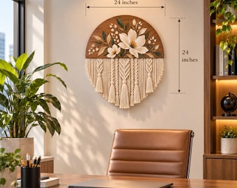 Hand Painted Floral Wood Wall Hanging with Macrame Fringe, Boho Botanical Decor