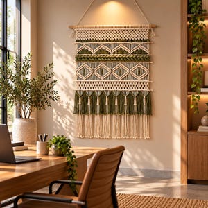 May include: A large rectangular macrame wall hanging featuring cream and olive green cotton cord. The design includes intricate geometric knot patterns, horizontal braided sections, and a bottom edge finished with long, dangling fringe tassels.