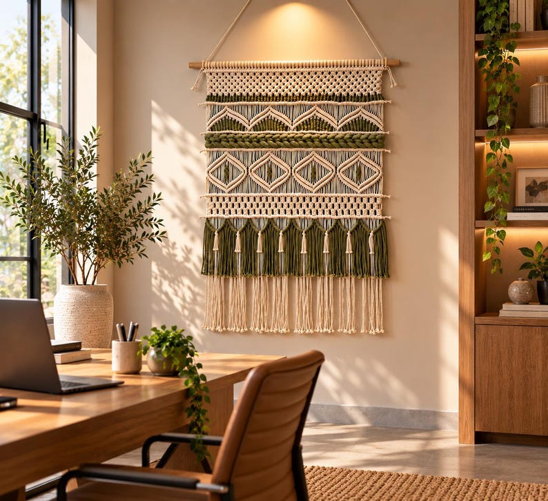 May include: A large rectangular macrame wall hanging featuring cream and olive green cotton cord. The design includes intricate geometric knot patterns, horizontal braided sections, and a bottom edge finished with long, dangling fringe tassels.
