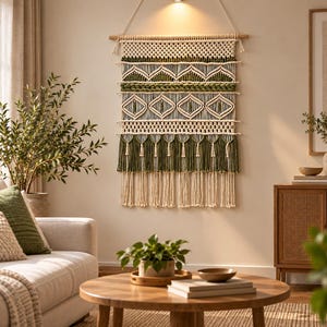 May include: A large rectangular macrame wall hanging featuring intricate knotted patterns in cream and olive green cord. The design includes geometric diamond shapes, braided horizontal bands, and a bottom fringe of alternating long tassels.