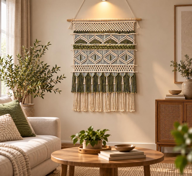 May include: A large rectangular macrame wall hanging featuring intricate knotted patterns in cream and olive green cord. The design includes geometric diamond shapes, braided horizontal bands, and a bottom fringe of alternating long tassels.