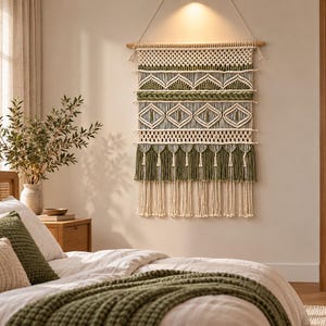 May include: A large rectangular macrame wall hanging featuring alternating rows of cream and sage green cotton cord. The design includes intricate geometric patterns, braided horizontal bands, and a bottom edge finished with long, knotted fringe.