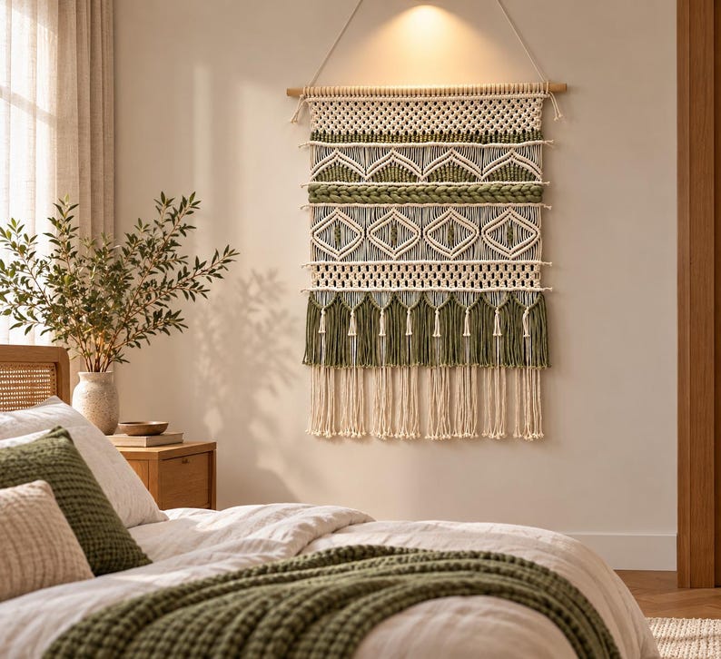 May include: A large rectangular macrame wall hanging featuring alternating rows of cream and sage green cotton cord. The design includes intricate geometric patterns, braided horizontal bands, and a bottom edge finished with long, knotted fringe.