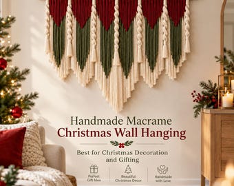 Christmas Macrame Wall Hanging, Boho Holiday Wall Decor, Red Green Christmas Decor